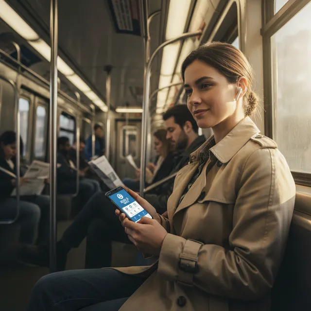 Young professional woman on a subway train listening to Bible Way audio Bible app on her commute