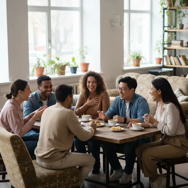 Diverse group of friends in genuine conversation over coffee with authentic friendship and belonging