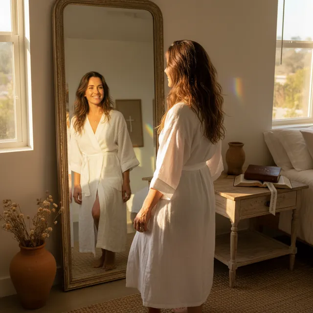 Person looking at reflection in mirror with peaceful expression embracing their true identity in Christ