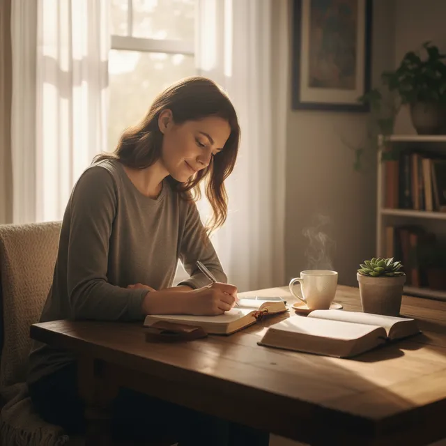 Person sitting alone in peaceful morning light, journaling with Bible open for honest self-reflection and contemplation