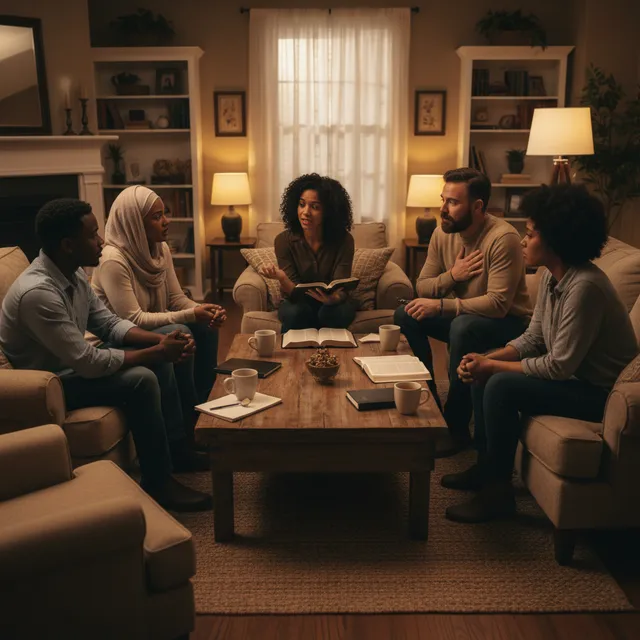 Small group of diverse adults having authentic conversation with open Bibles in a warm living room setting