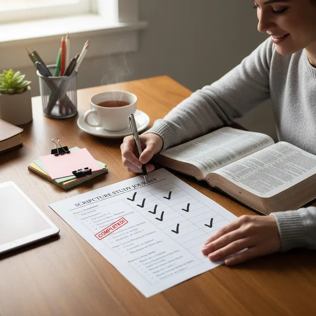 Person with Bible and structured checklist study guide, checking off completed items for organized step-by-step progress