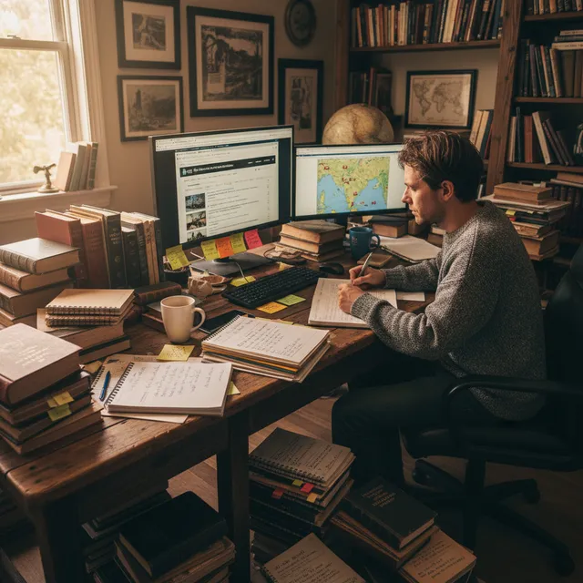 Person surrounded by multiple Bible reference books and notes on single topic, deep research session on special interest