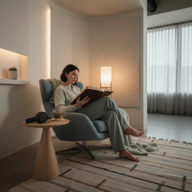 Person reading Bible in calm sensory-friendly corner with soft lighting and noise-canceling headphones nearby