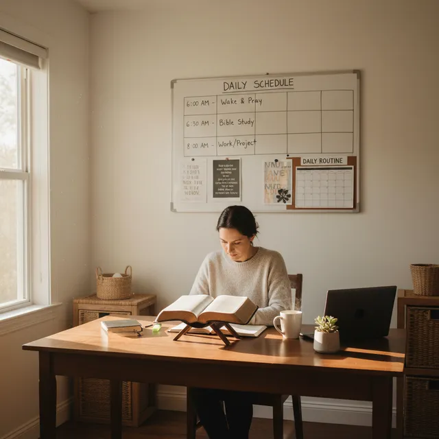 Person at organized desk with Bible open at same time daily, visual schedule visible on wall, calm orderly environment for structured routine study