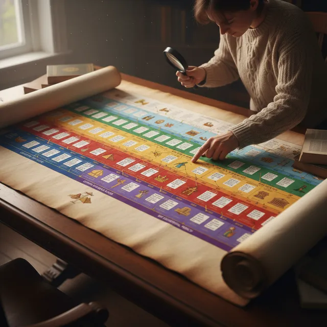 Large visual timeline of biblical history spread on table, person studying chronological events with color-coded periods