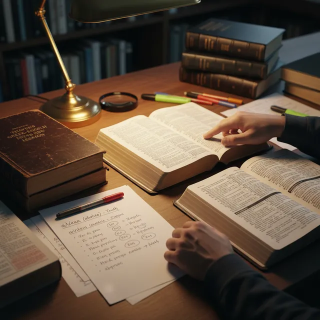 Close-up of hands using concordance and Greek lexicon alongside open Bible, detailed word study notes visible for systematic research