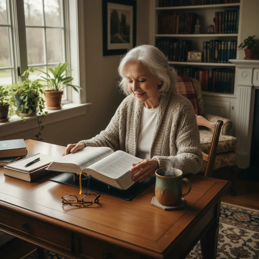 Mature adult engaged in Bible study at comfortable desk with open Bible, notebook for journaling, and reading glasses nearby
