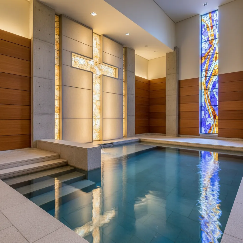 Modern Baptist church baptistry with blue water, steps leading down, and soft lighting, featuring contemporary architecture with a cross visible in the background