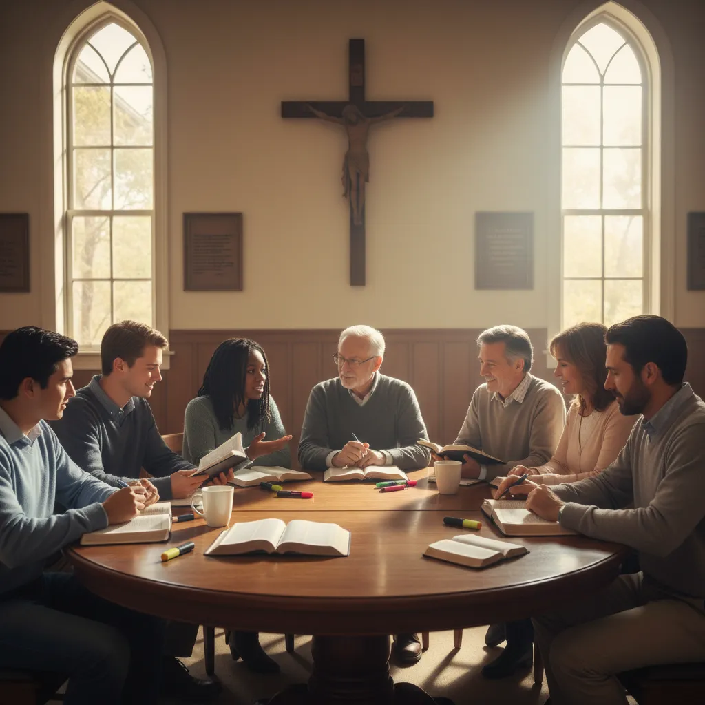 Diverse group of people in a Baptist church fellowship hall sitting in a circle with open Bibles, notebooks, and highlighters, engaged in group Bible study discussion