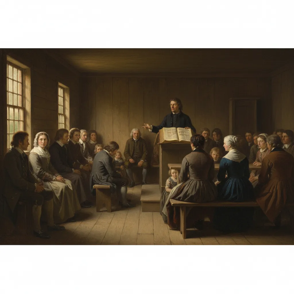 Historical painting style image of early Baptist believers gathering for worship in a colonial American wooden meetinghouse, with men and women in period clothing and an open Bible on the pulpit