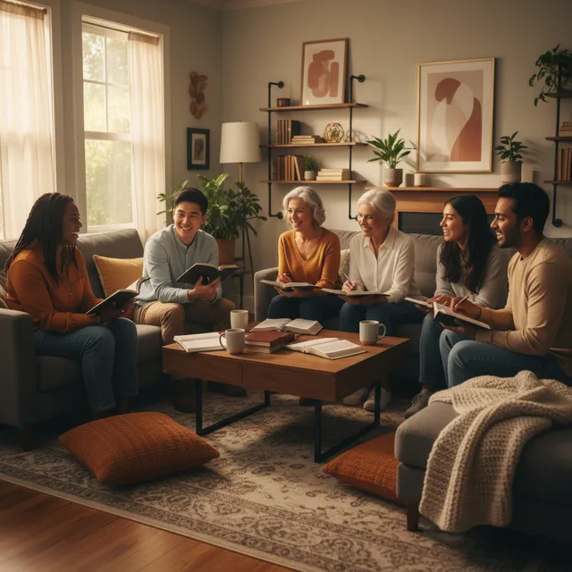 Diverse group of people engaged in Bible study together in a cozy living room setting