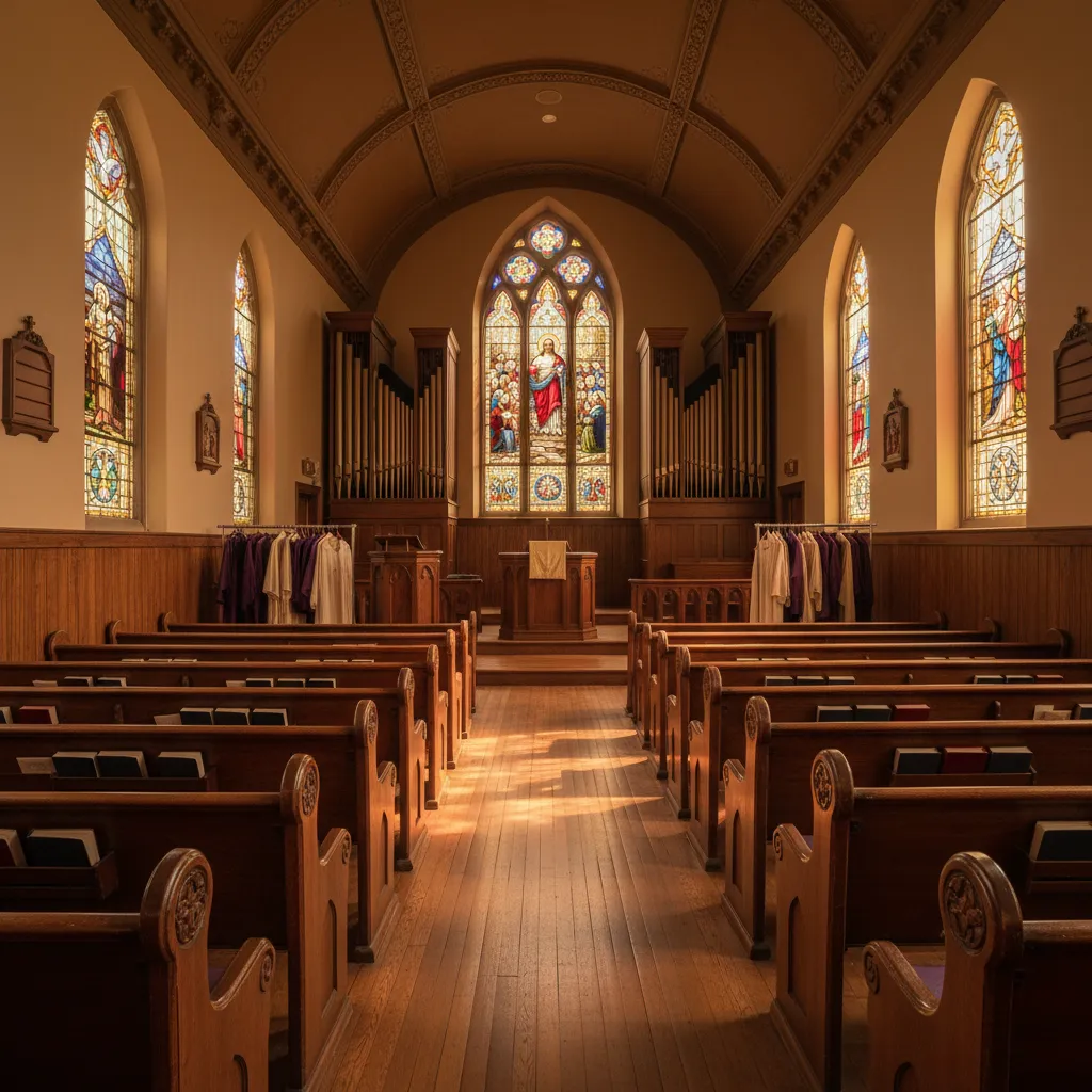 Historic African American church interior with wooden pews and stained glass windows
