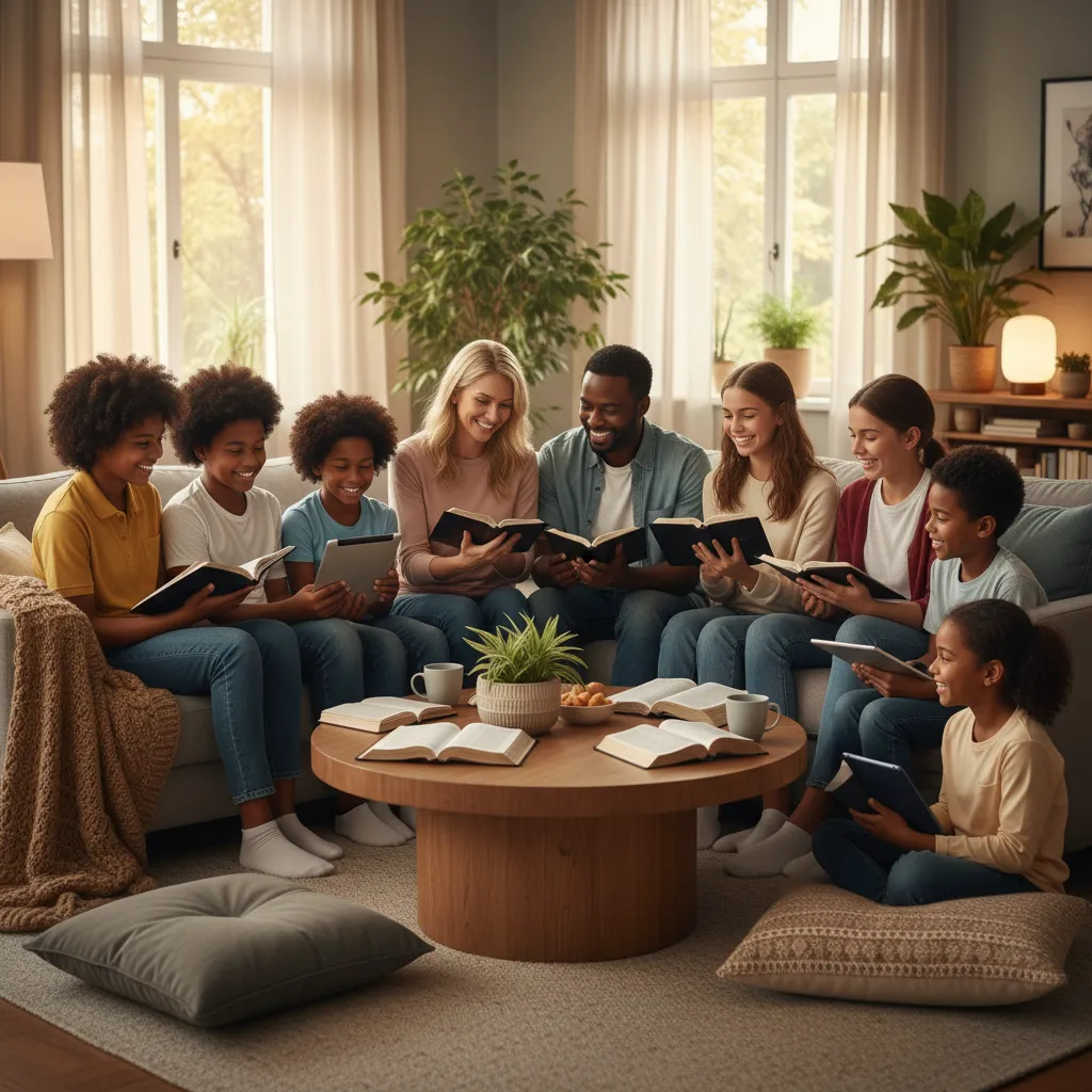 Blended family gathered in living room for Bible study, stepparent and biological parent with children of different ages, open Bibles visible, warm home setting