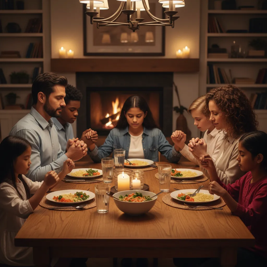 Blended family praying together holding hands around dinner table, showing unity with stepparent included naturally in family circle