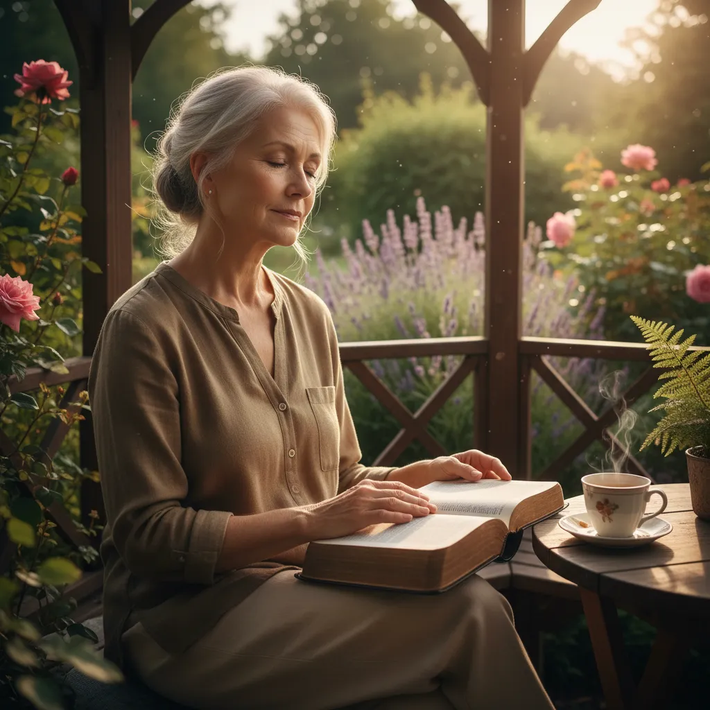 Baby Boomer in quiet reflection with Bible in natural setting, capturing mature faith and contemplative spirituality