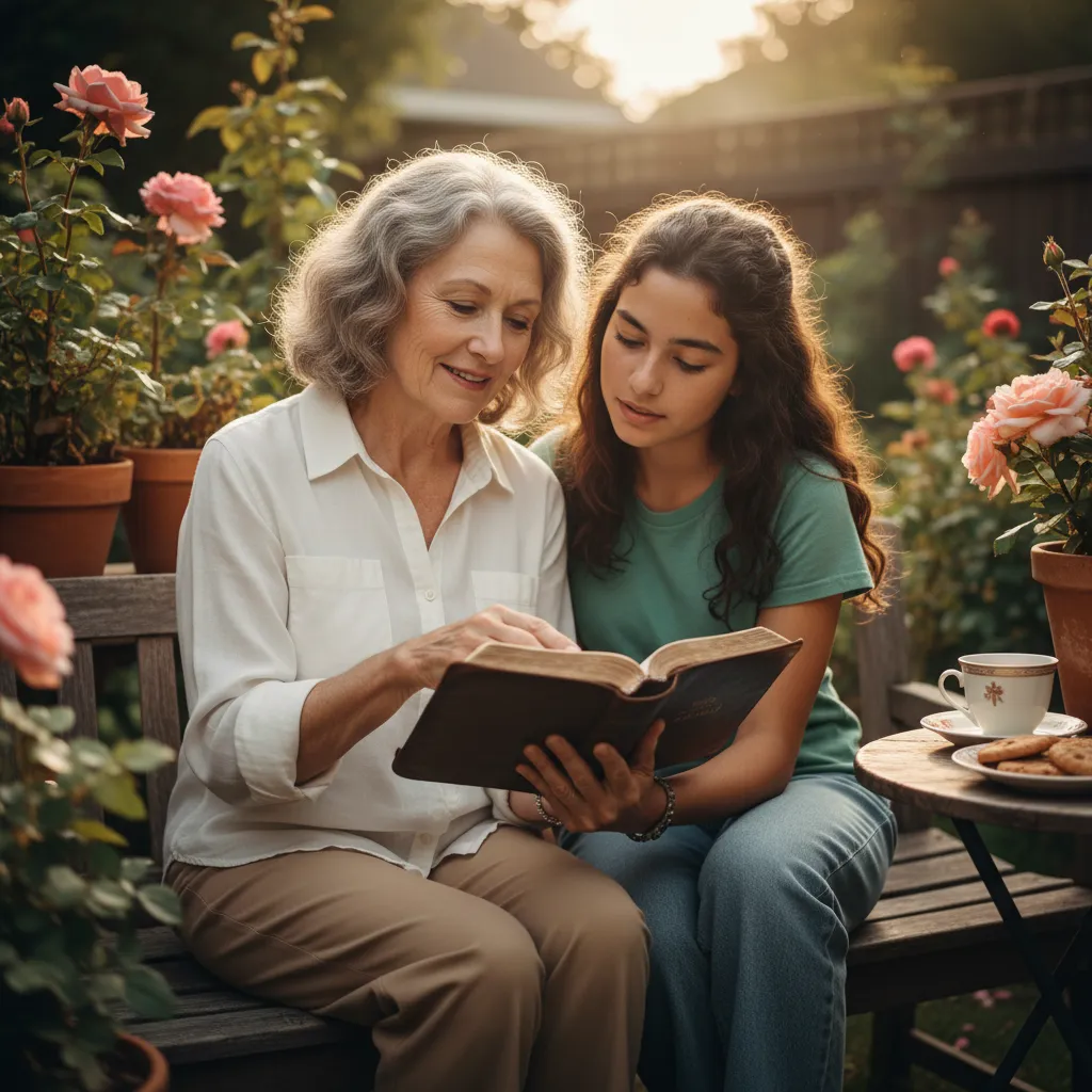 Baby Boomer grandparent having meaningful conversation with teenage grandchild, showing intergenerational faith transmission and legacy