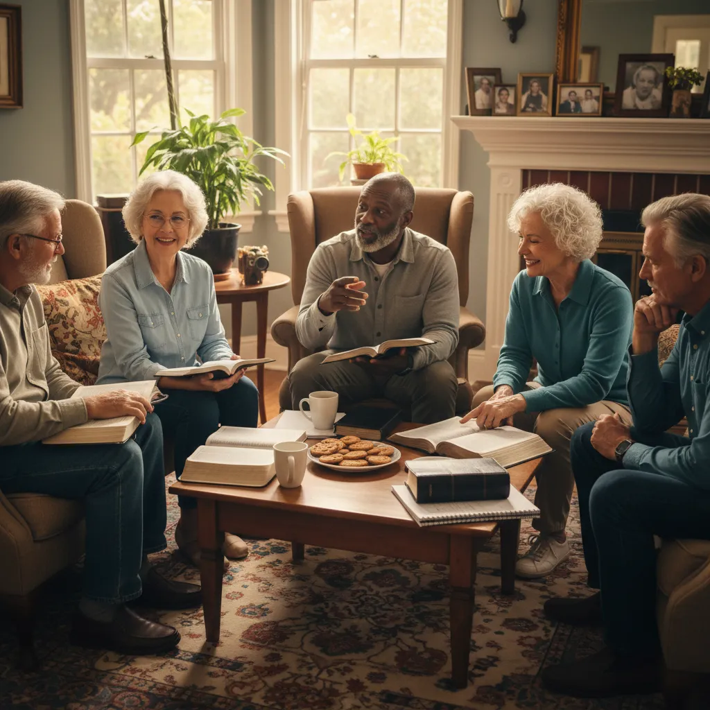 Small group Bible study with Baby Boomers seated in comfortable living room with open Bibles and notebooks in animated discussion