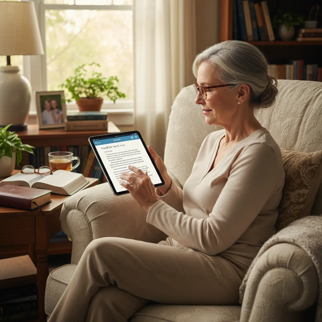Baby Boomer comfortably using tablet showing Bible app with large readable text, seated in comfortable chair with physical Bible nearby