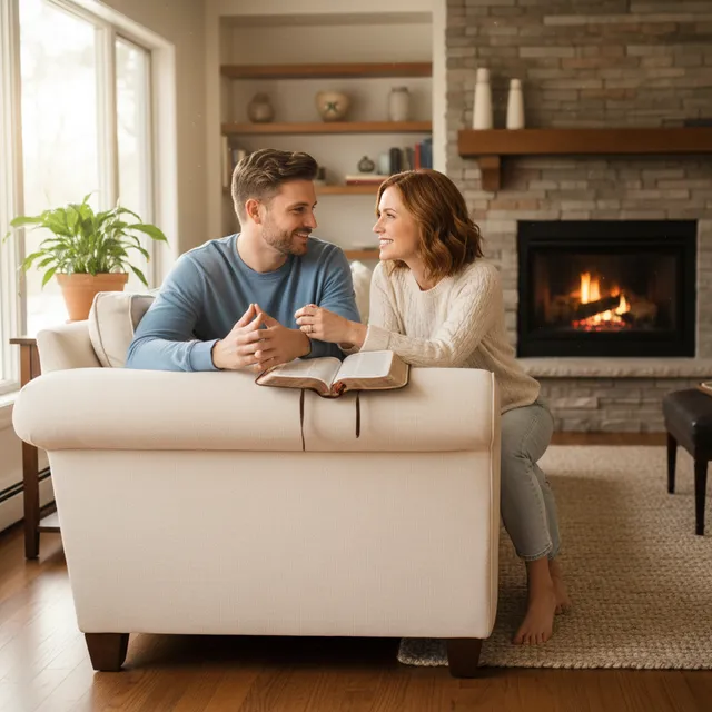 Couple having calm conversation on couch with Bible, showing expressions of mutual respect and healthy communication