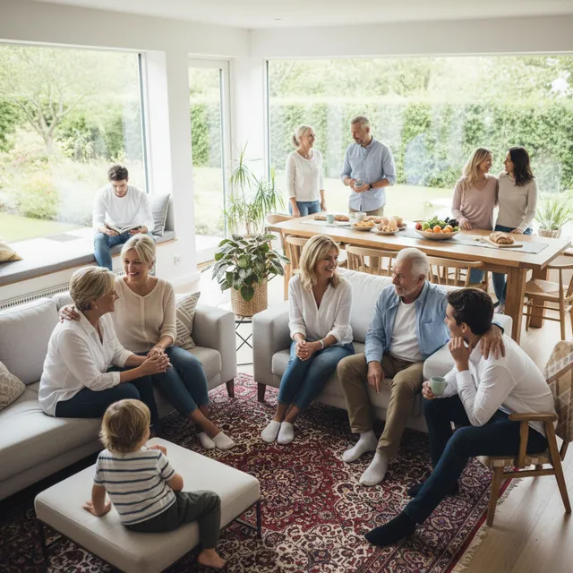 Multi-generational family gathering with healthy interactions, showing respect and love with balanced space