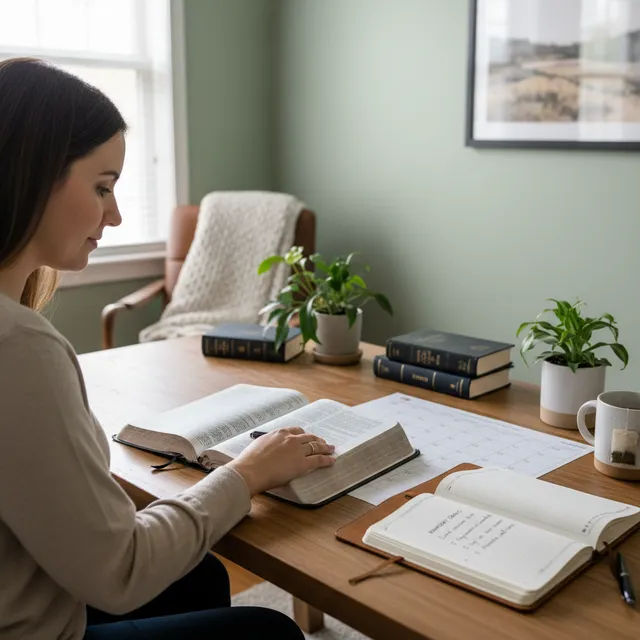 Person studying Bible in cozy home office with journal open, reflecting healthy boundaries through organized space