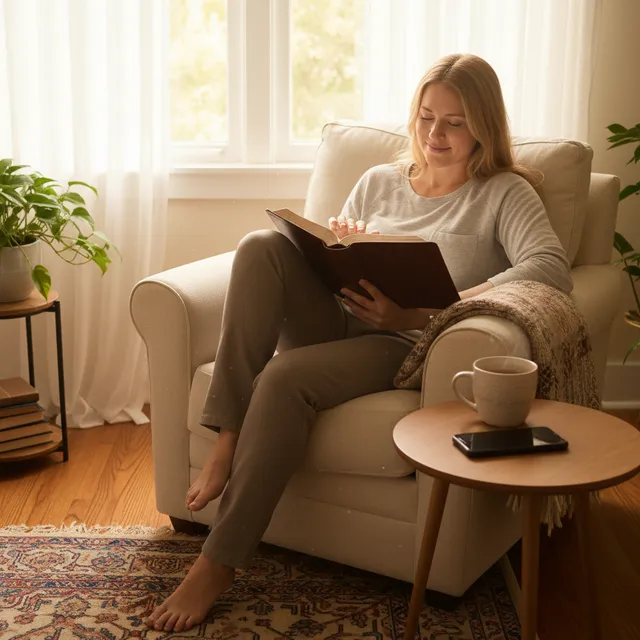 Person in peaceful sabbath rest, reading Bible in comfortable chair with serene home environment
