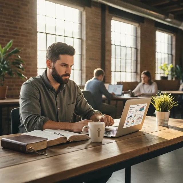 Christian entrepreneur studying Bible at startup workspace