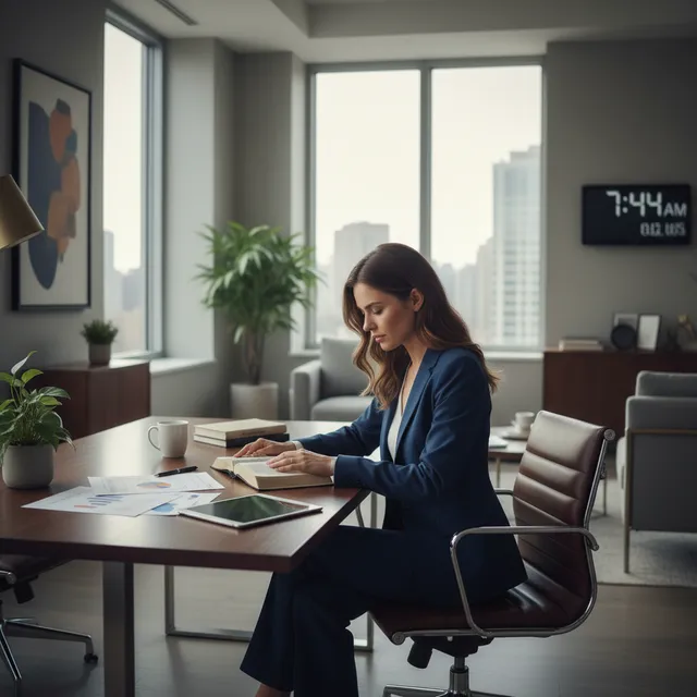 Professional executive studying Bible in modern office before important meeting