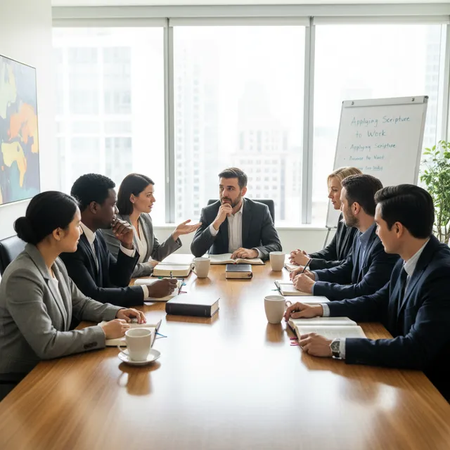 Diverse business professionals in executive Bible study group meeting