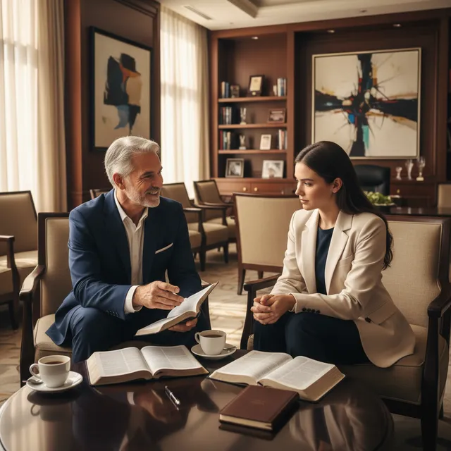 Experienced business mentor discussing Bible leadership principles with younger professional