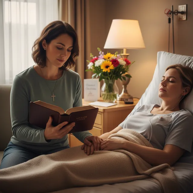 Loving caregiver reading Bible to cancer patient, showing family spiritual support