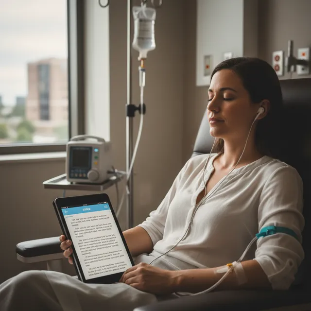Person listening to audio Bible during chemotherapy treatment for spiritual strength