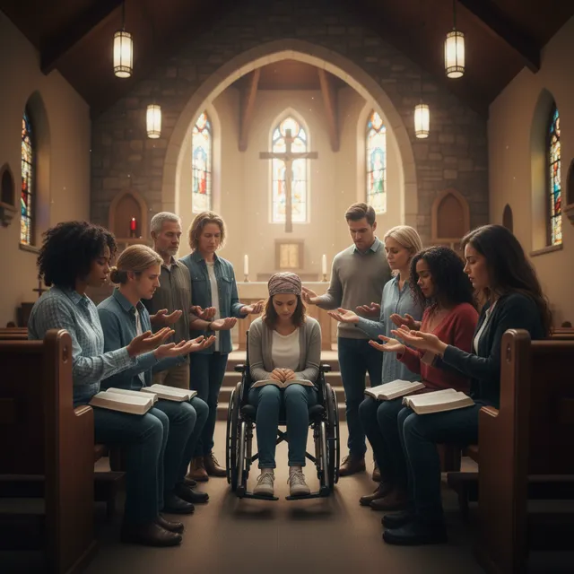 Church prayer circle surrounding and praying for cancer patient