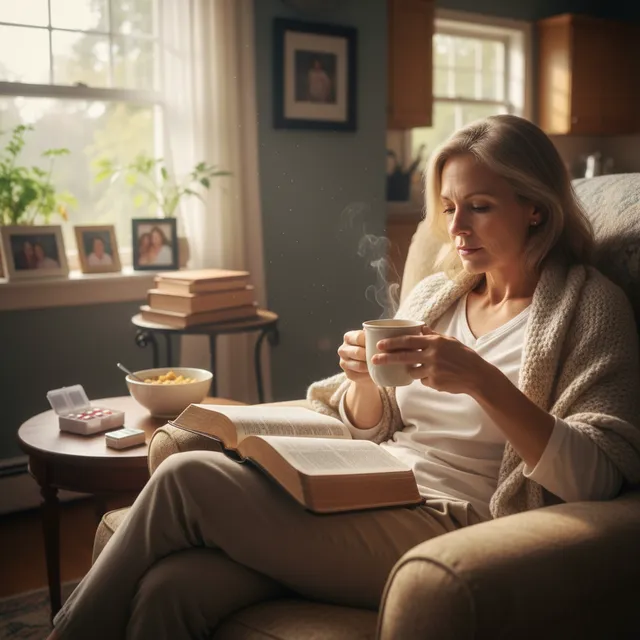 Caregiver having a peaceful quiet moment with Bible and coffee in early morning light