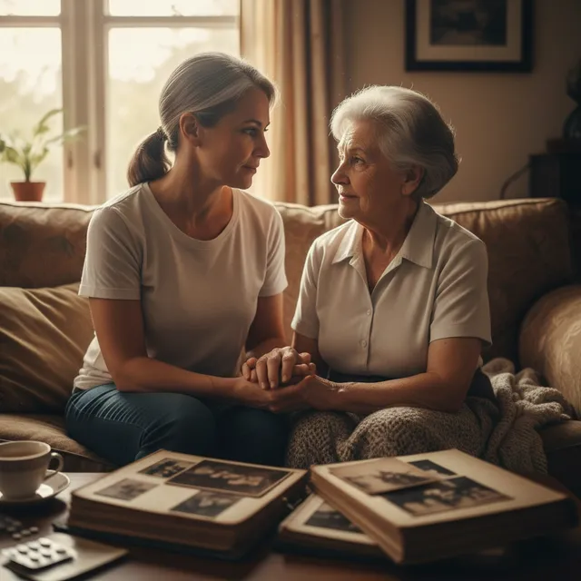 Adult child caregiver sharing a tender moment with elderly parent at home