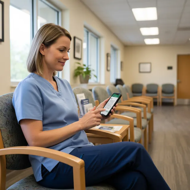 Caregiver using Bible app on smartphone in a medical waiting room