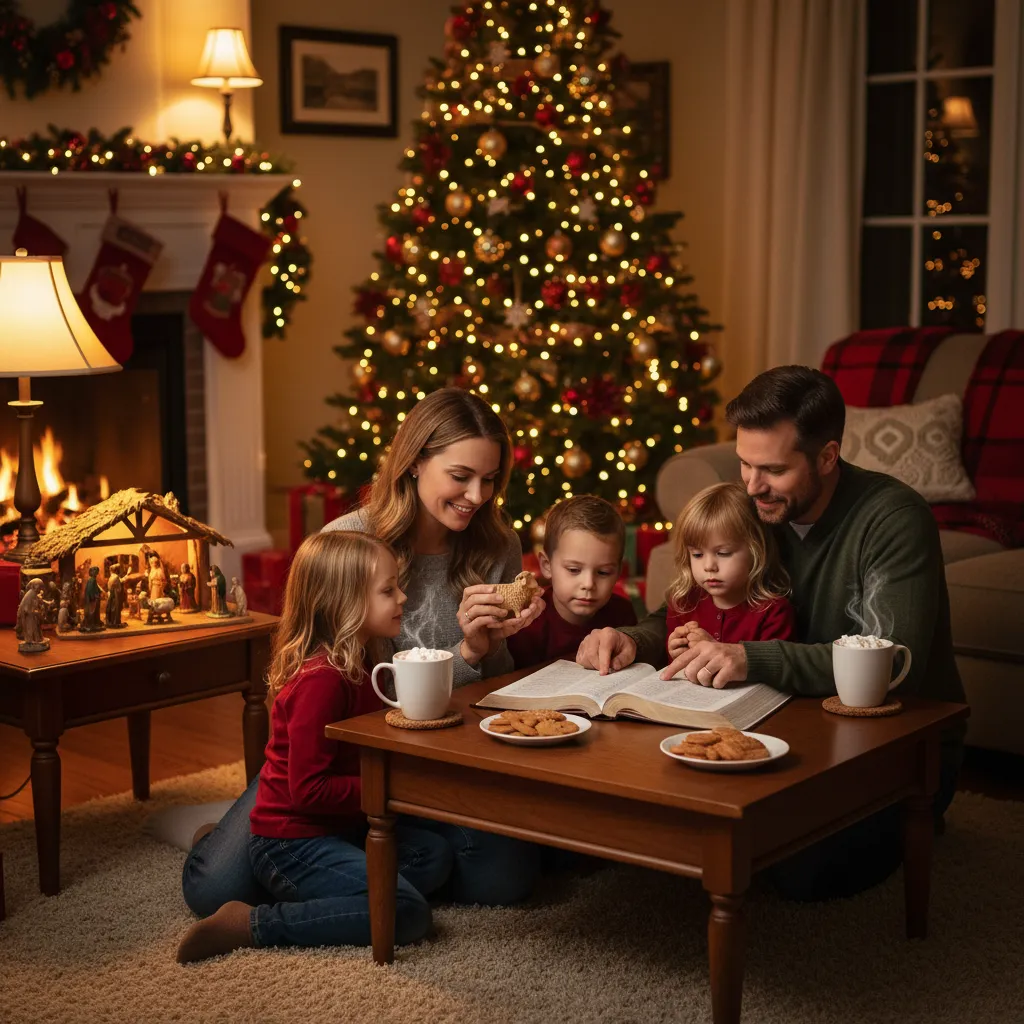 Warm family gathered around Bible doing Christmas devotions with parents and children in cozy living room