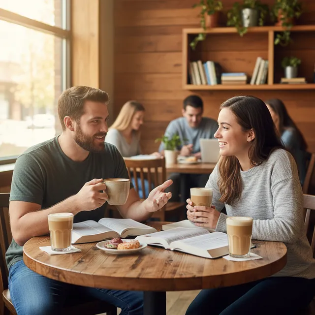 Two college students having Bible study conversation at campus coffee shop