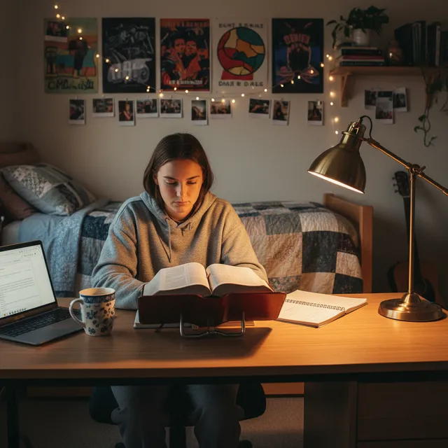 College student studying Bible in dorm room at desk with laptop open, warm desk lamp lighting