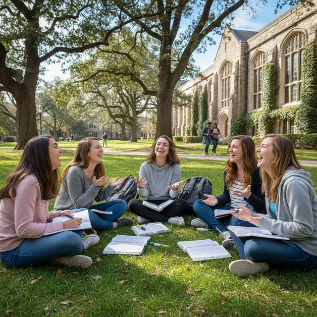 Diverse group of college students sitting in circle on campus quad with open Bibles