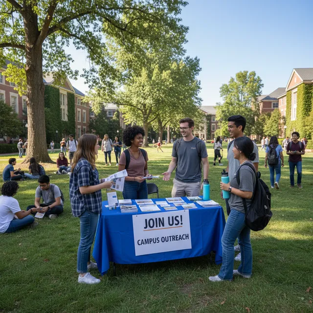 College students doing outreach on campus quad with welcoming conversation