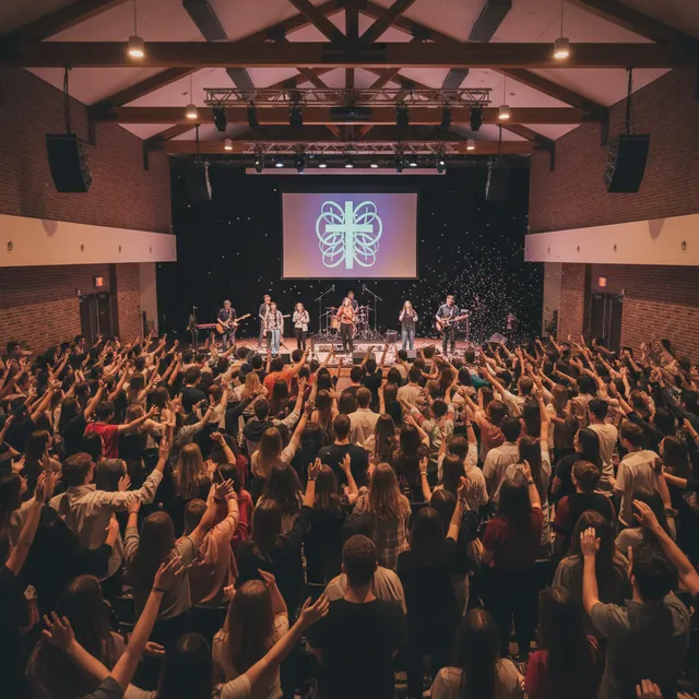 College students at campus worship night with hands raised in praise
