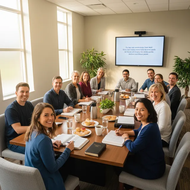 Diverse group of smiling people gathered around a table with open Bibles, some taking notes, warm fellowship atmosphere, natural light, coffee and refreshments visible, modern church meeting room setting