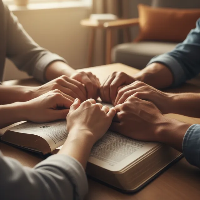 Peaceful scene of hands joined in prayer circle over open Bible, diverse skin tones showing unity, soft natural lighting, warm atmosphere of fellowship and support