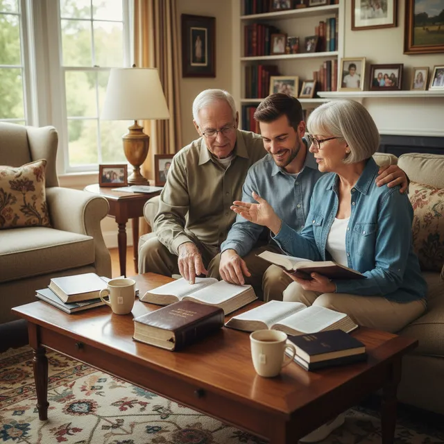 Older couple and younger couple studying Bible together in living room, multiple generations learning together with open Bibles