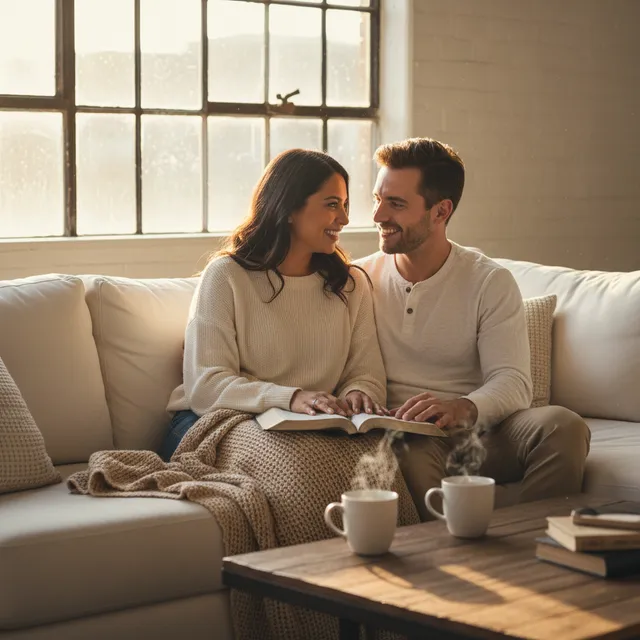 Young married couple sitting together on a comfortable couch with an open Bible between them, morning sunlight streaming through windows