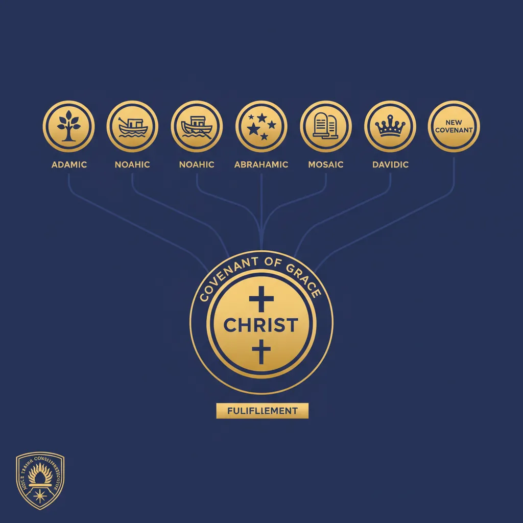 Infographic showing covenant theology timeline from Adam through Noah, Abraham, Moses, David to New Covenant in Christ