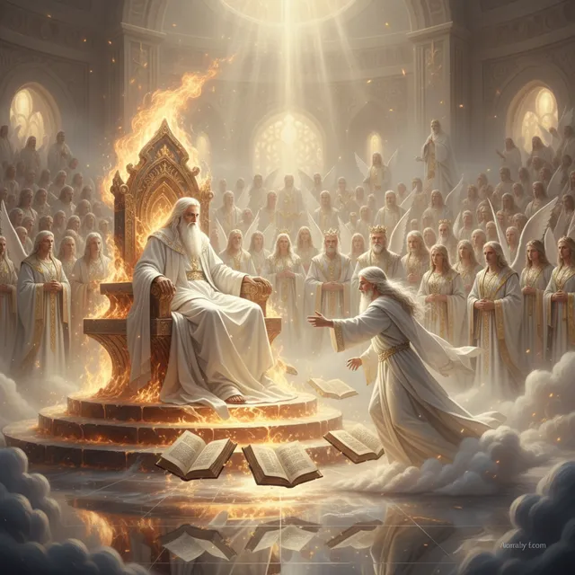 Majestic heavenly throne room scene with Ancient of Days on fiery throne, white clothing, white hair like wool, thousands attending Him