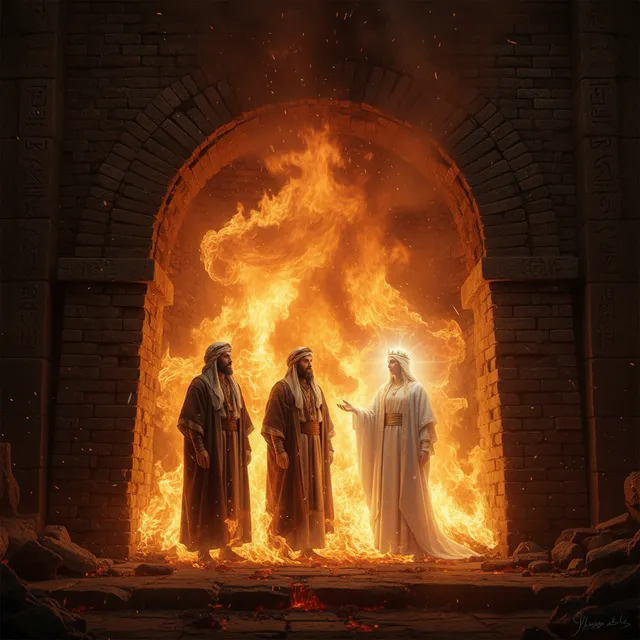Three Hebrew men standing in blazing fiery furnace with fourth figure like son of gods, flames surrounding but not touching them
